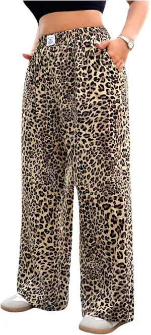 OYOANGLE Women's Plus Size Leopard Print Long Pants Elastic High Waist Wide Leg Y2K Baggy Trousers Streetwear