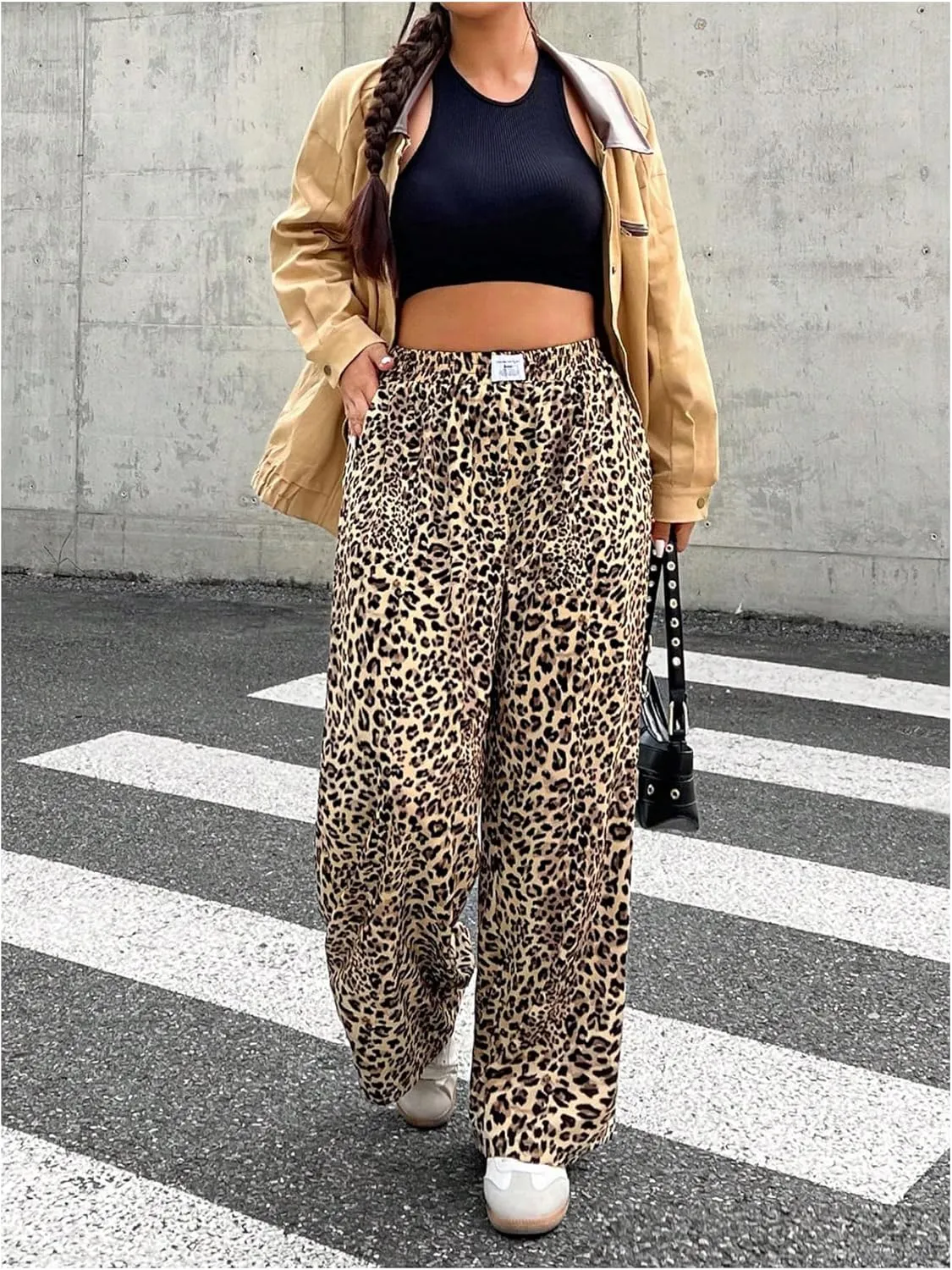 OYOANGLE Women's Plus Size Leopard Print Long Pants Elastic High Waist Wide Leg Y2K Baggy Trousers Streetwear