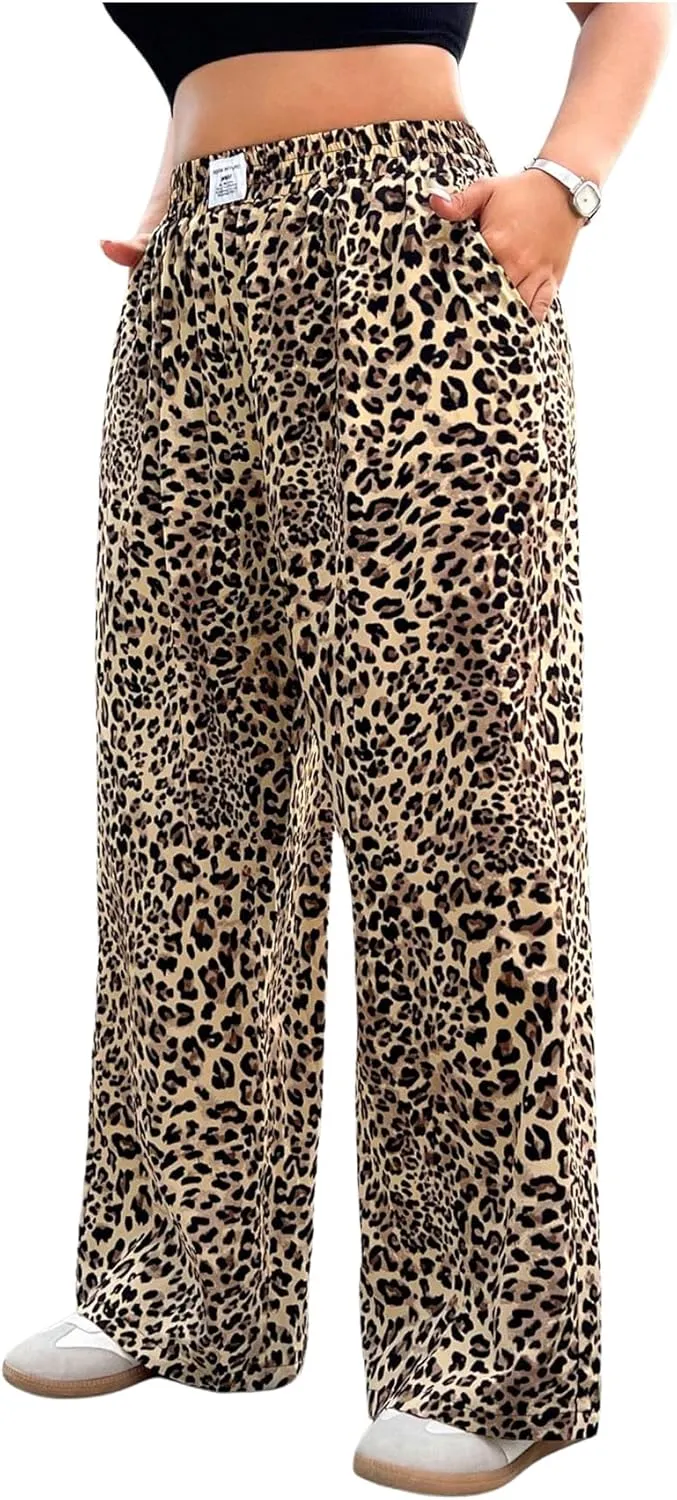 OYOANGLE Women's Plus Size Leopard Print Long Pants Elastic High Waist Wide Leg Y2K Baggy Trousers Streetwear