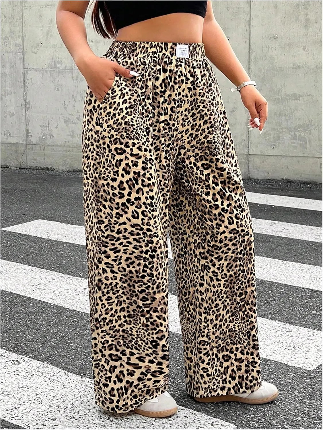 OYOANGLE Women's Plus Size Leopard Print Long Pants Elastic High Waist Wide Leg Y2K Baggy Trousers Streetwear