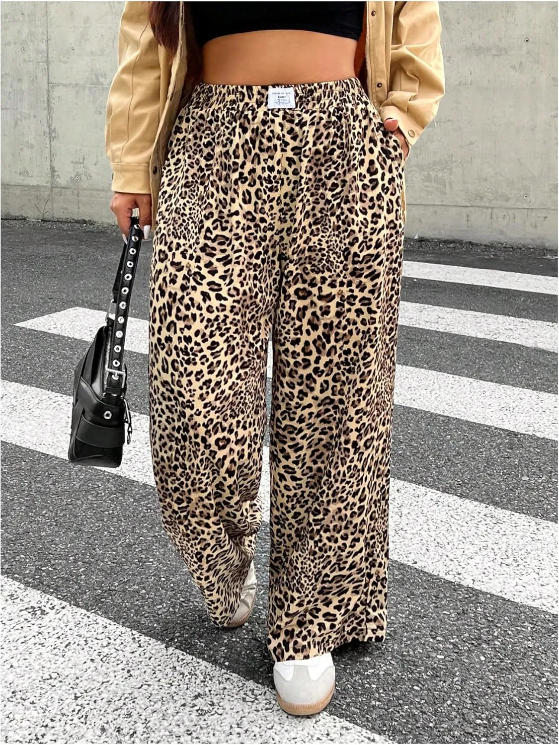 OYOANGLE Women's Plus Size Leopard Print Long Pants Elastic High Waist Wide Leg Y2K Baggy Trousers Streetwear