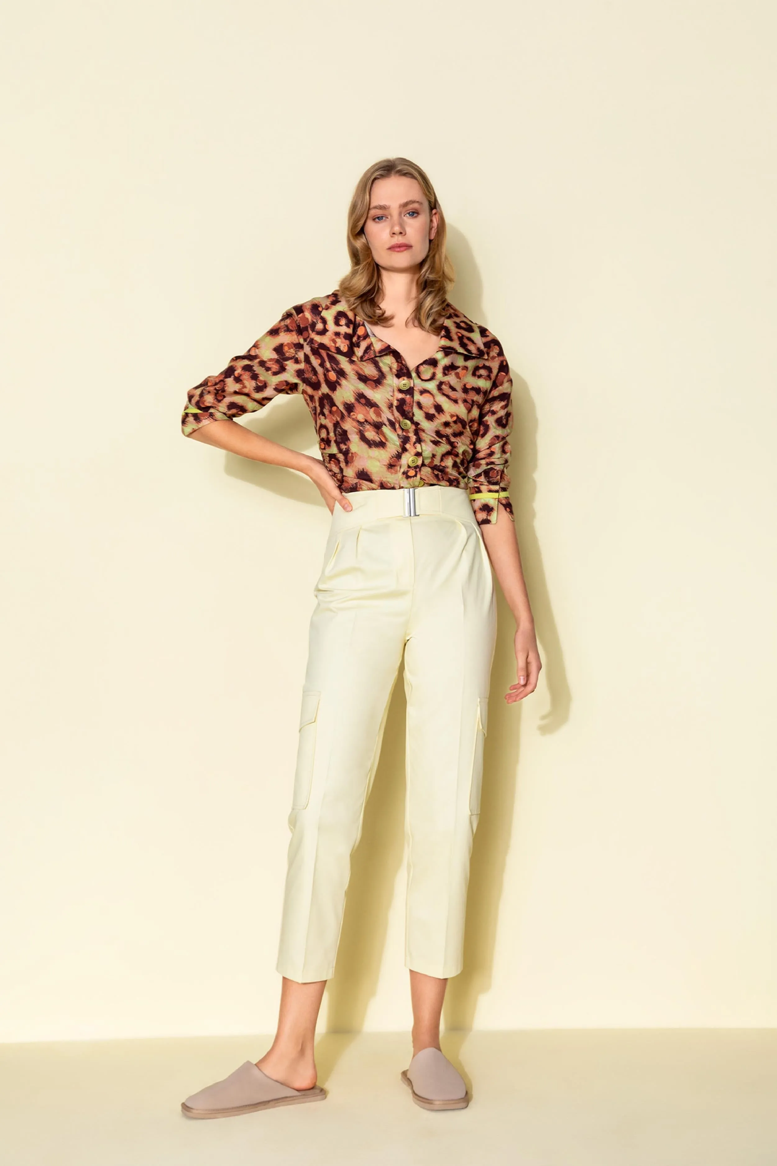 Pants with Metal Belt Detail Yellow