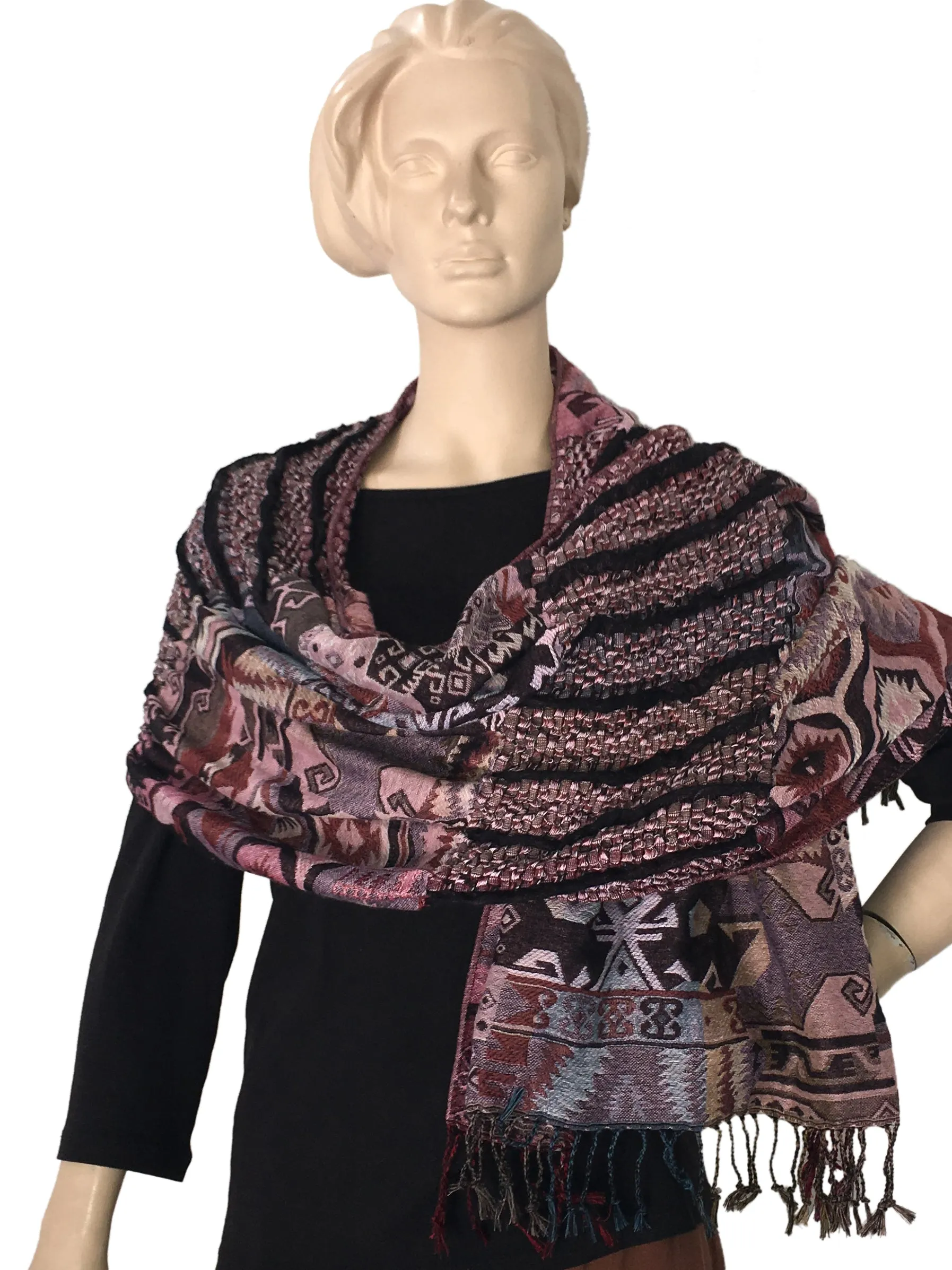 Pashmina Ruffle Shawl, Cotton, in eggplant aztec print 12x72