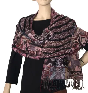 Pashmina Ruffle Shawl, Cotton, in eggplant aztec print 12x72