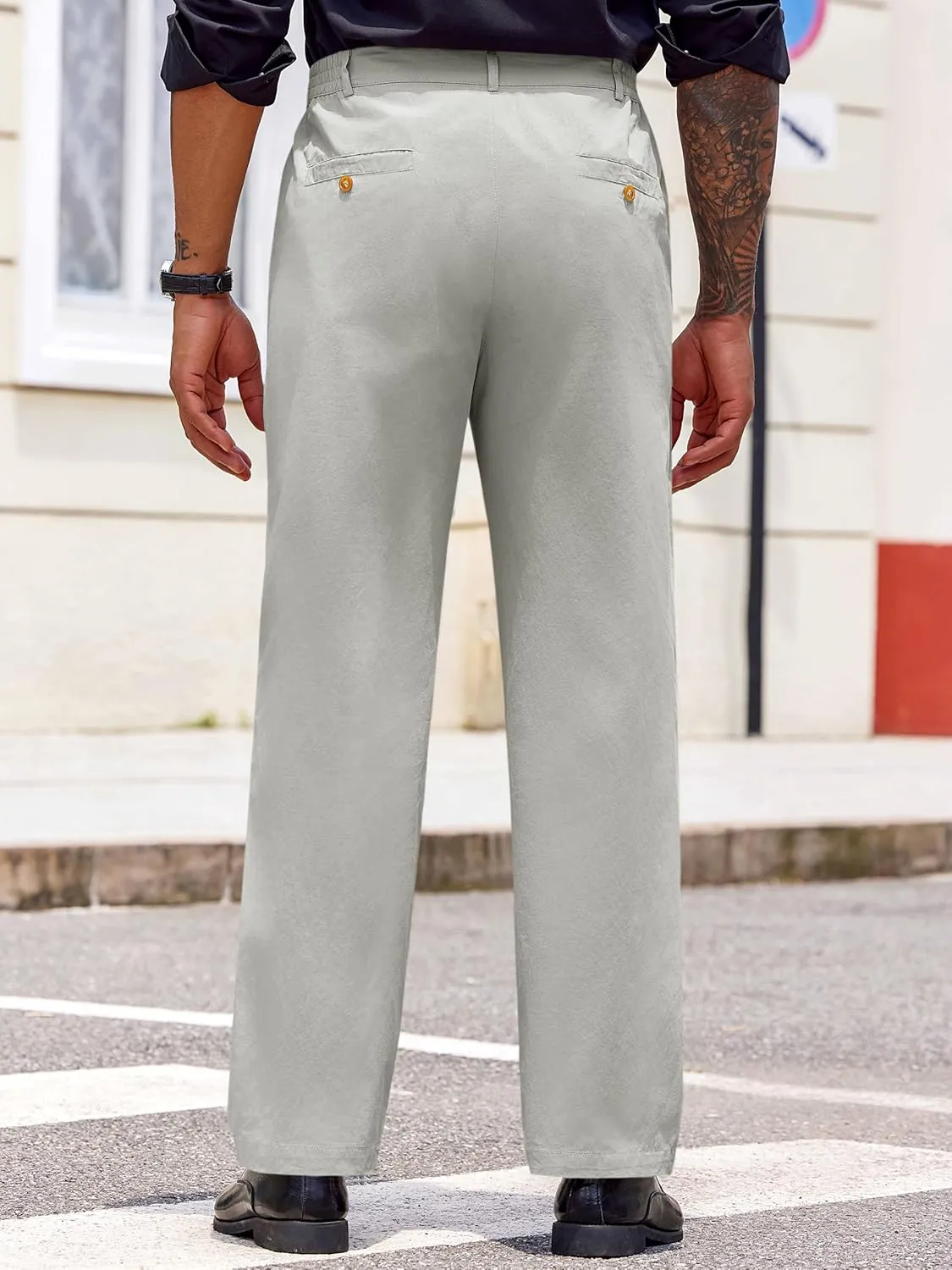 PASLTER Mens Chinos Pants Casual Elastic Waist Flat Front Relaxed Fit Dress Suit Pants Cotton Slacks