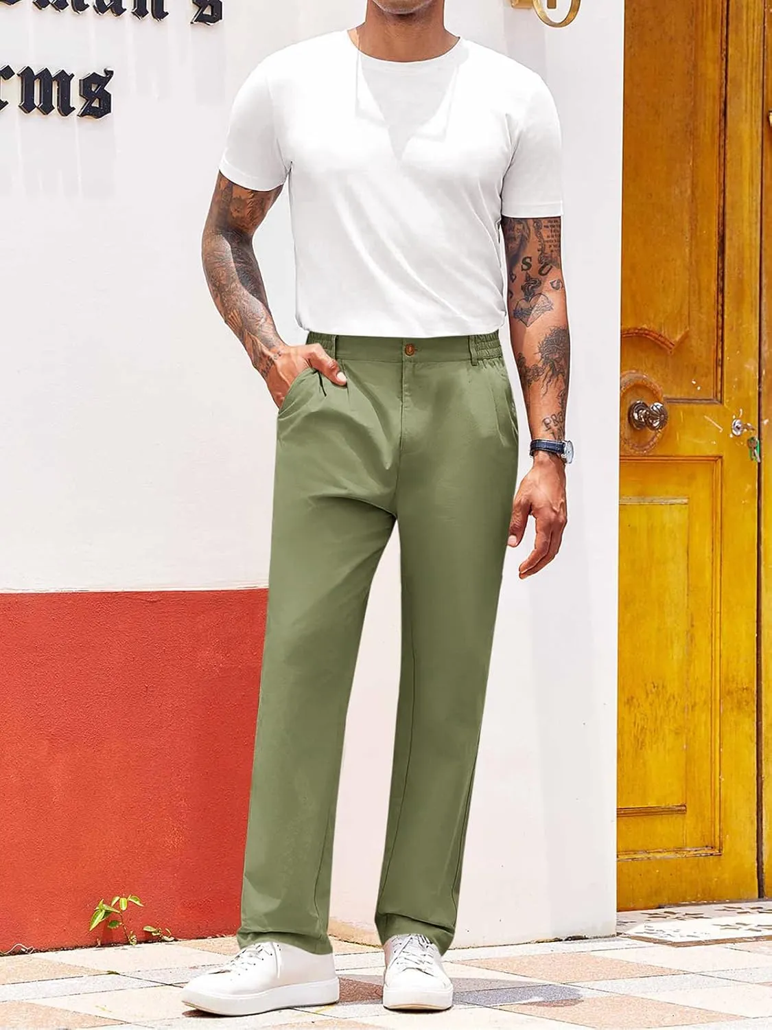PASLTER Mens Chinos Pants Casual Elastic Waist Flat Front Relaxed Fit Dress Suit Pants Cotton Slacks