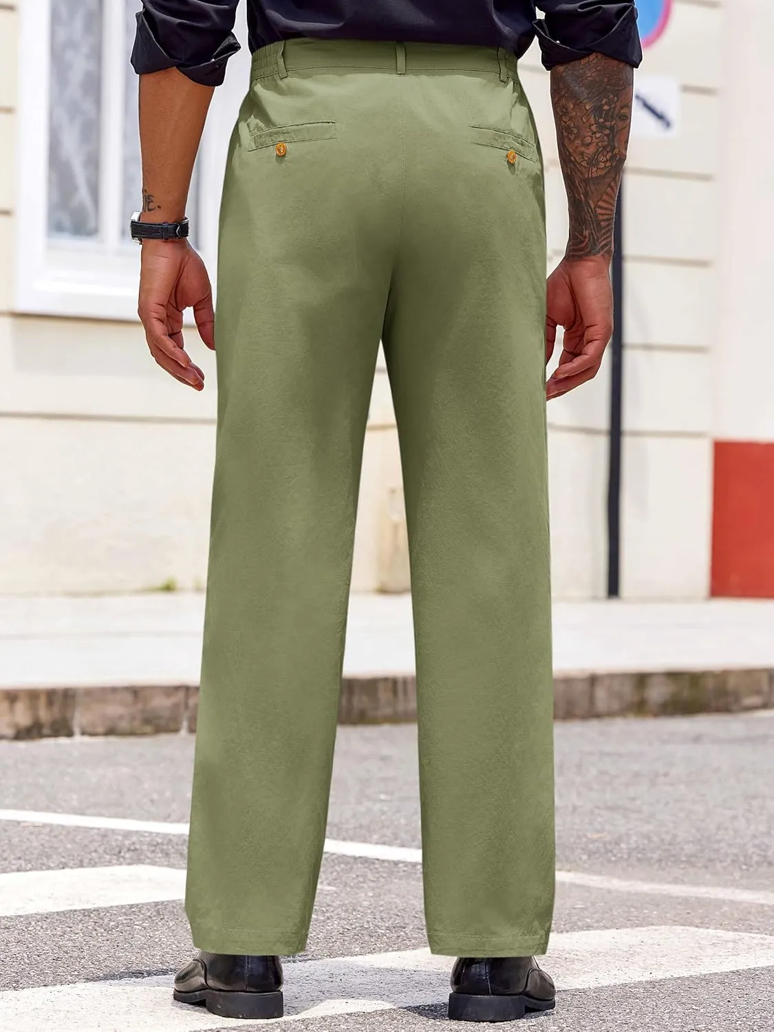 PASLTER Mens Chinos Pants Casual Elastic Waist Flat Front Relaxed Fit Dress Suit Pants Cotton Slacks