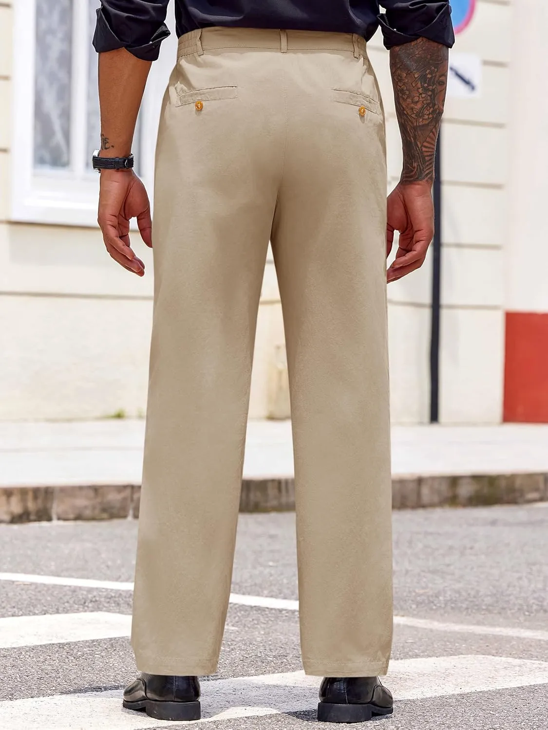 PASLTER Mens Chinos Pants Casual Elastic Waist Flat Front Relaxed Fit Dress Suit Pants Cotton Slacks