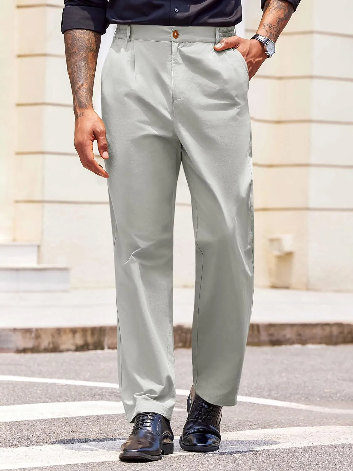 PASLTER Mens Chinos Pants Casual Elastic Waist Flat Front Relaxed Fit Dress Suit Pants Cotton Slacks
