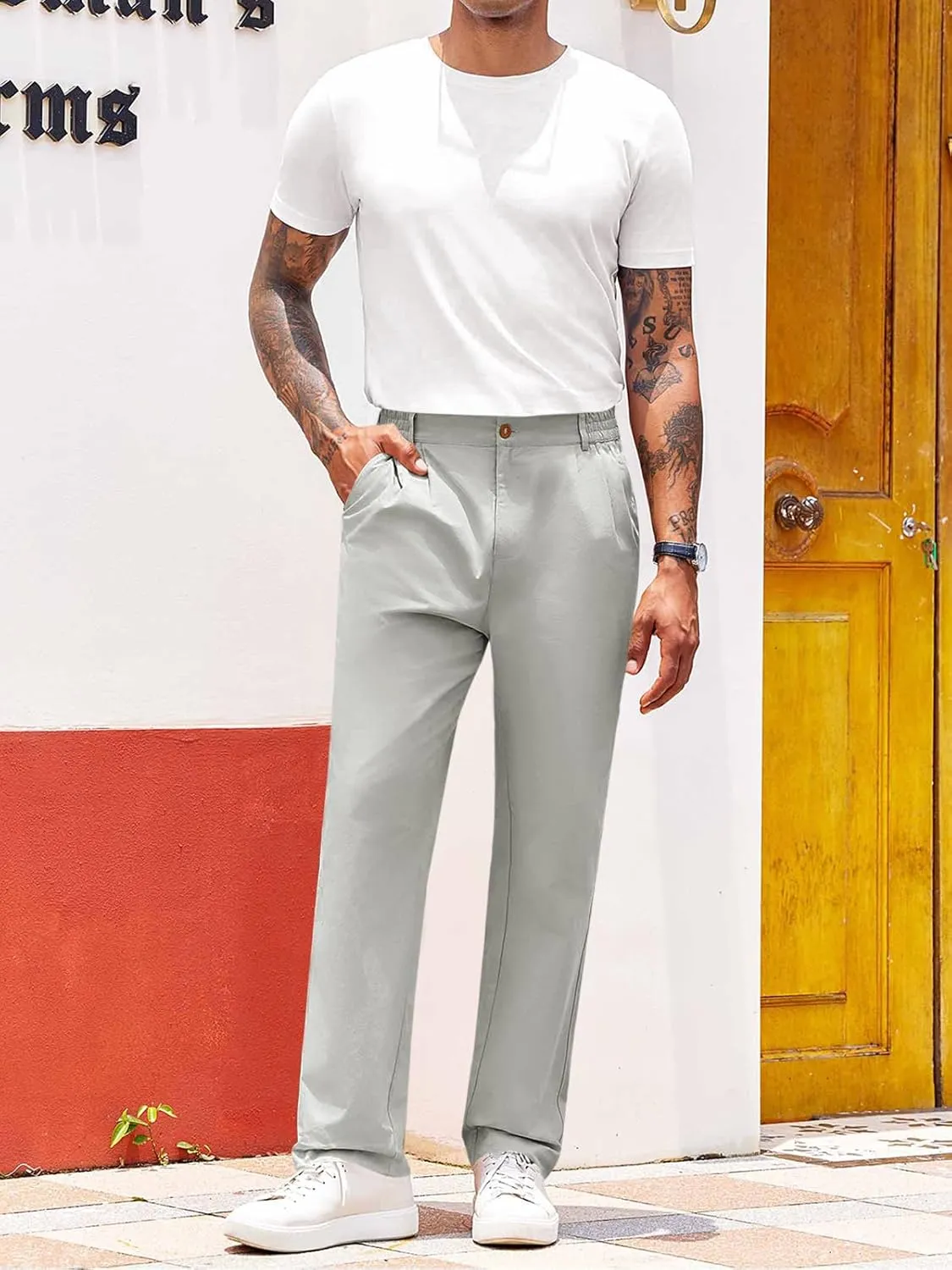 PASLTER Mens Chinos Pants Casual Elastic Waist Flat Front Relaxed Fit Dress Suit Pants Cotton Slacks