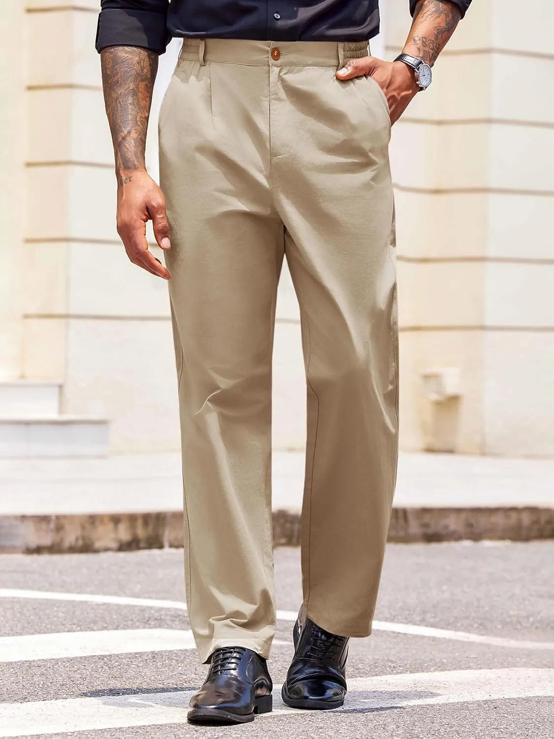 PASLTER Mens Chinos Pants Casual Elastic Waist Flat Front Relaxed Fit Dress Suit Pants Cotton Slacks