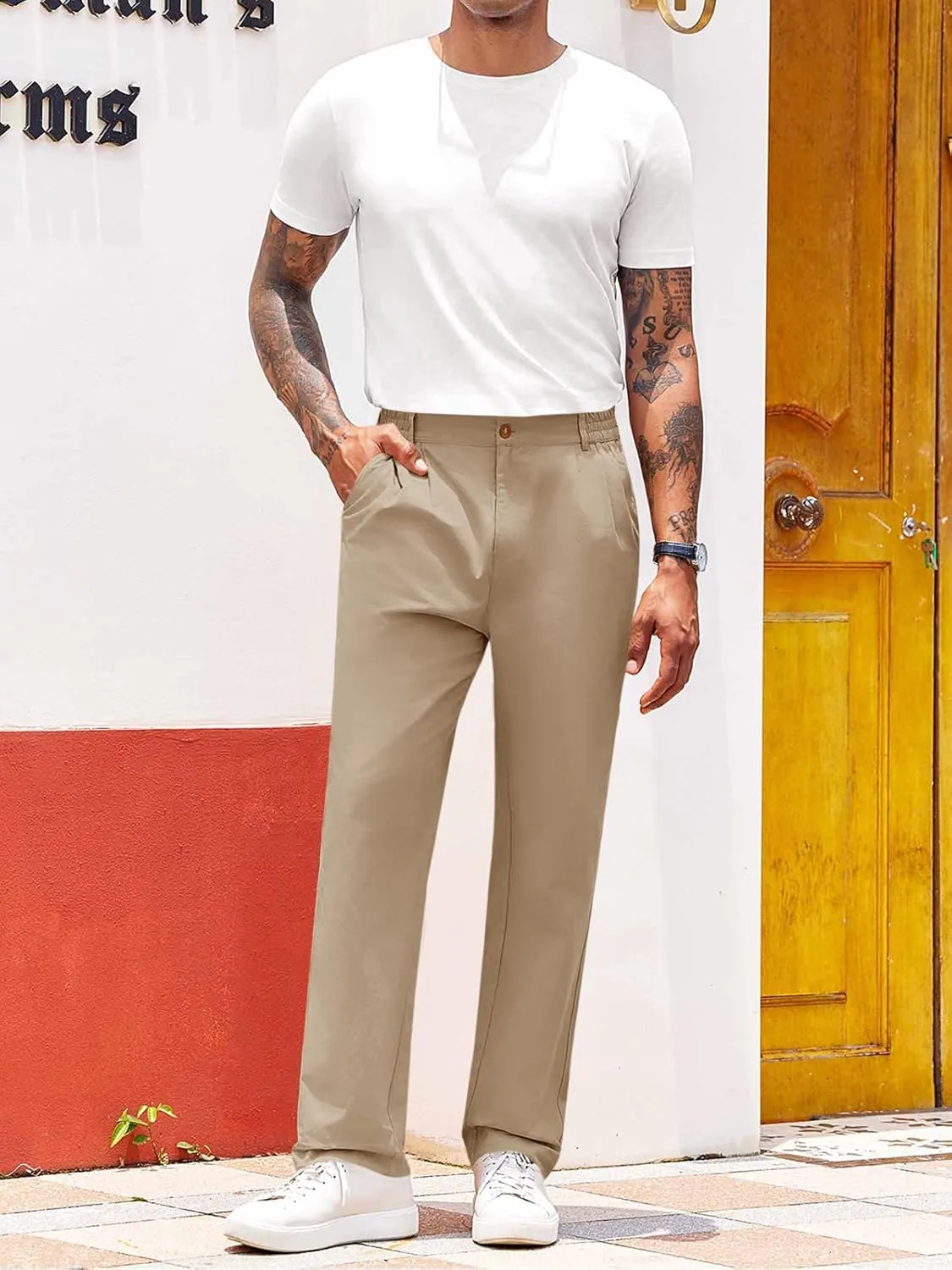 PASLTER Mens Chinos Pants Casual Elastic Waist Flat Front Relaxed Fit Dress Suit Pants Cotton Slacks