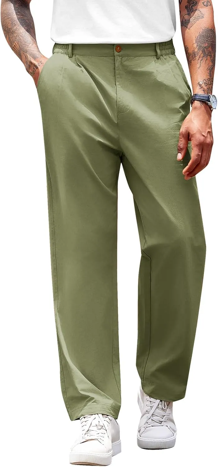 PASLTER Mens Chinos Pants Casual Elastic Waist Flat Front Relaxed Fit Dress Suit Pants Cotton Slacks