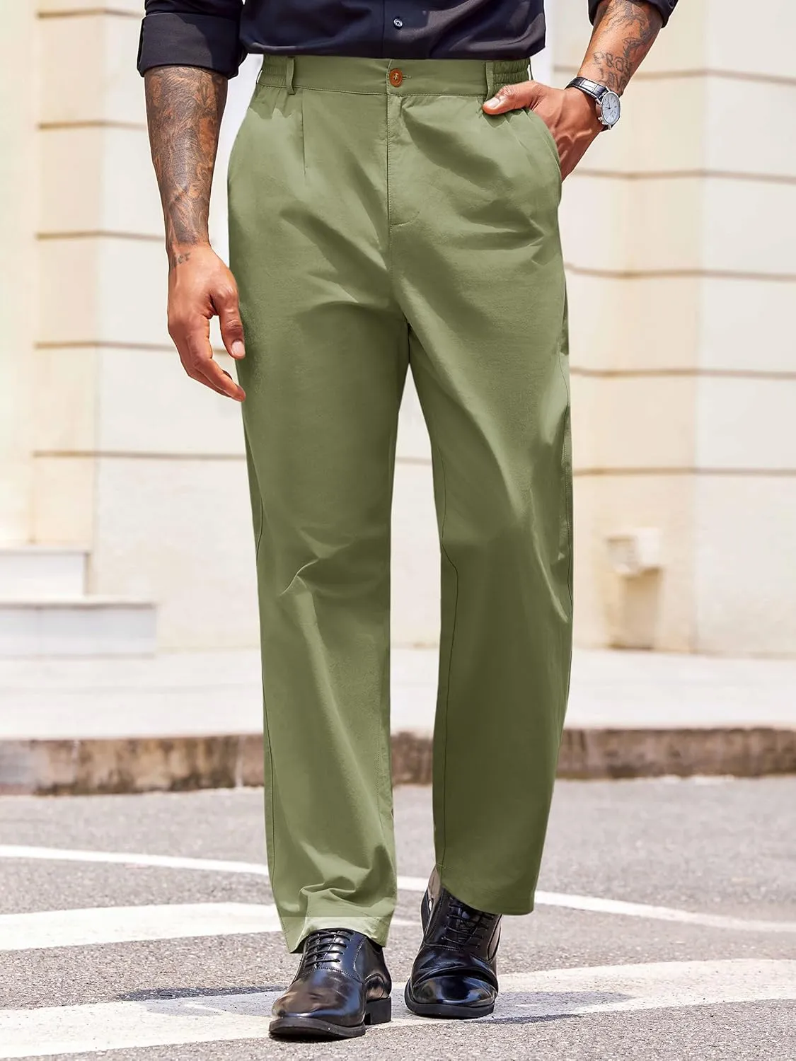 PASLTER Mens Chinos Pants Casual Elastic Waist Flat Front Relaxed Fit Dress Suit Pants Cotton Slacks