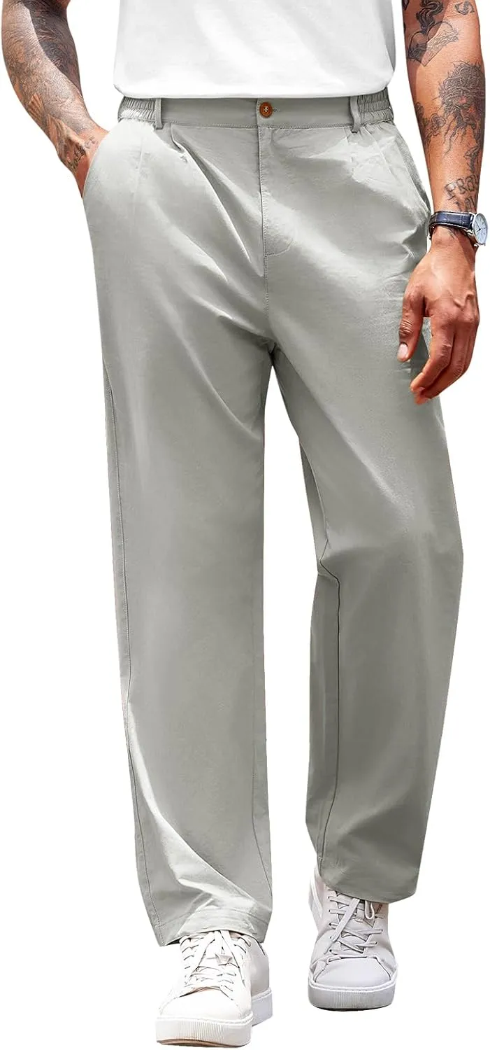 PASLTER Mens Chinos Pants Casual Elastic Waist Flat Front Relaxed Fit Dress Suit Pants Cotton Slacks