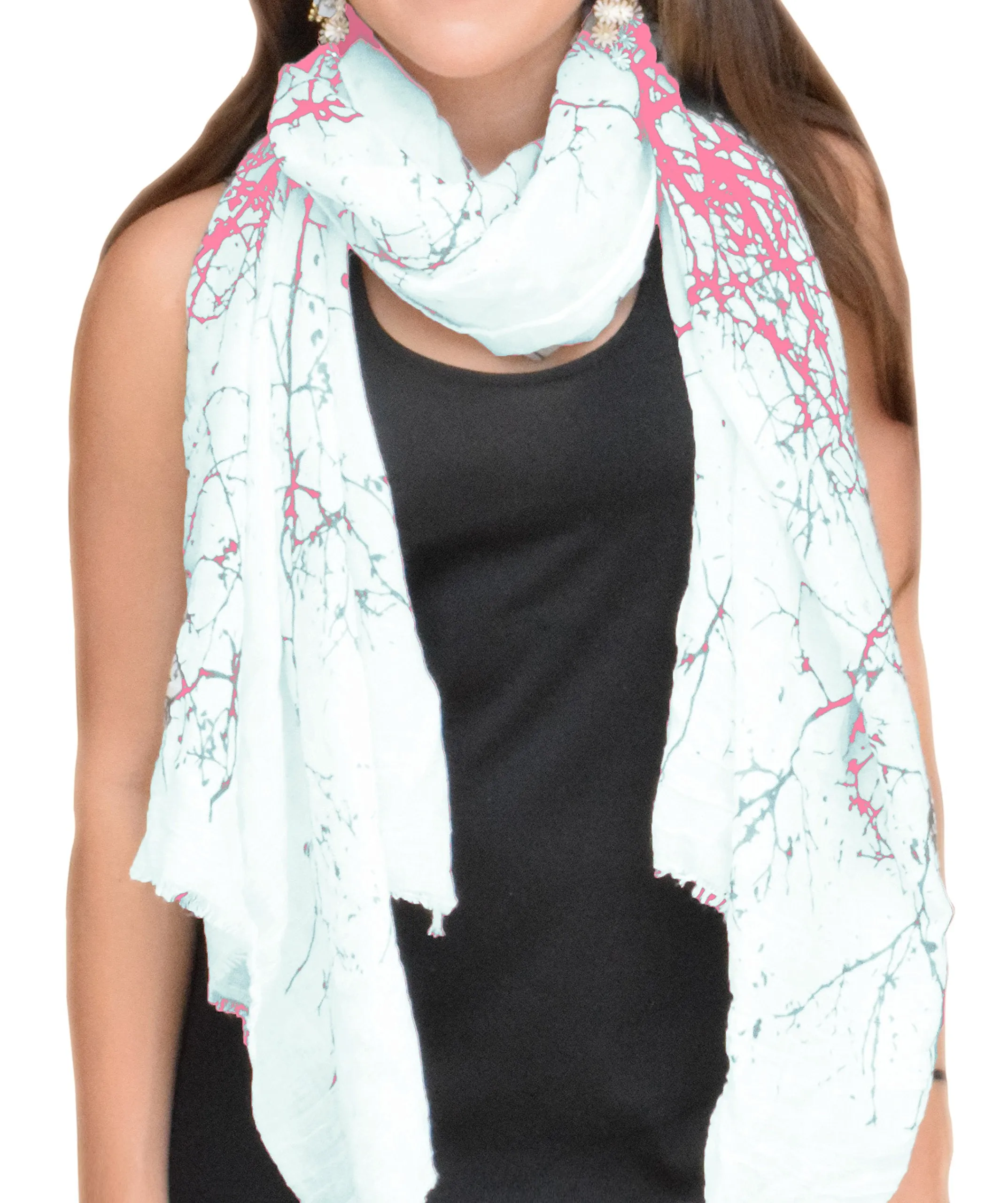 Peach Couture Blissful Tree print Cotton Linen Eyelash Fringe Long Scarves Shawls