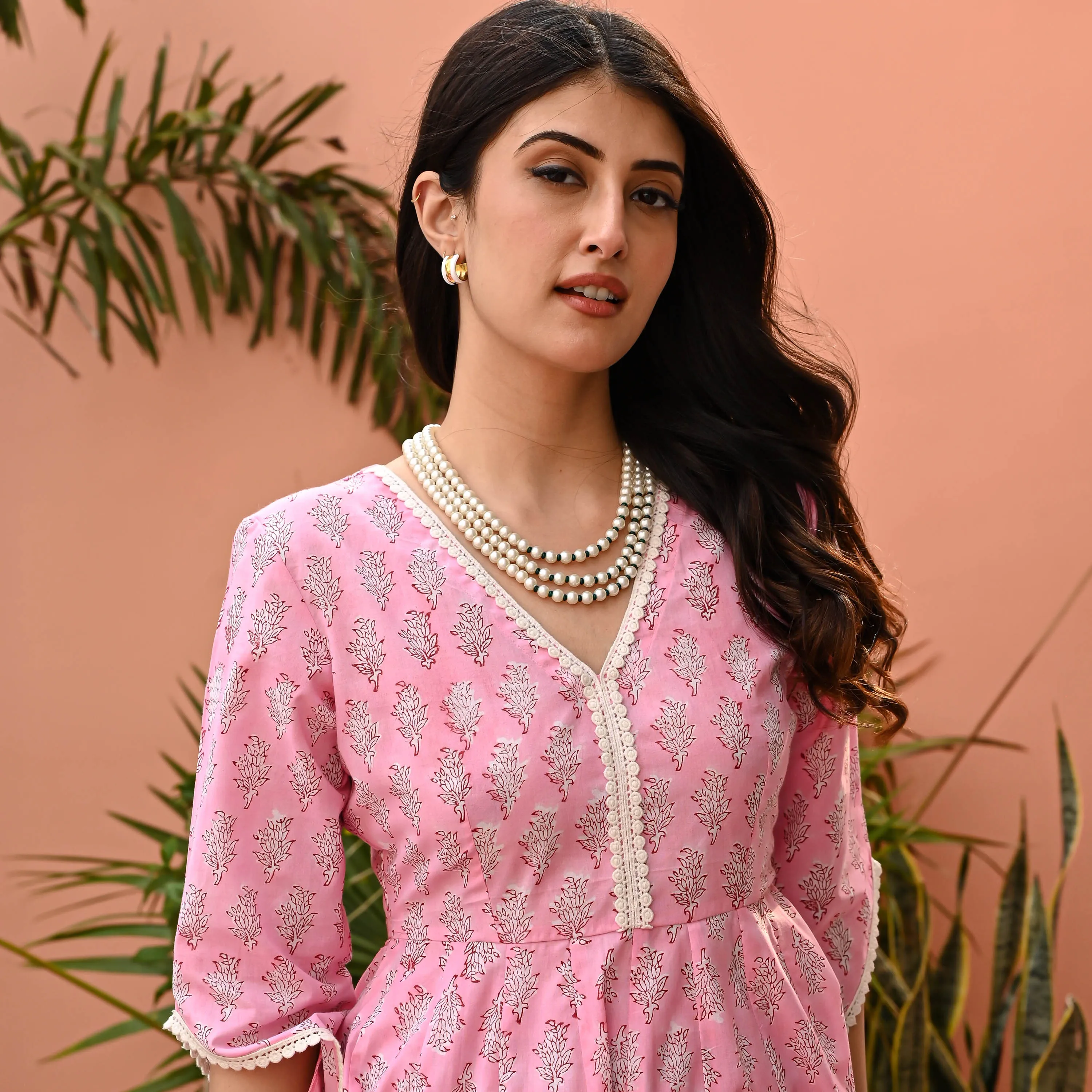 Pink Block Printed Matching Kurta Set