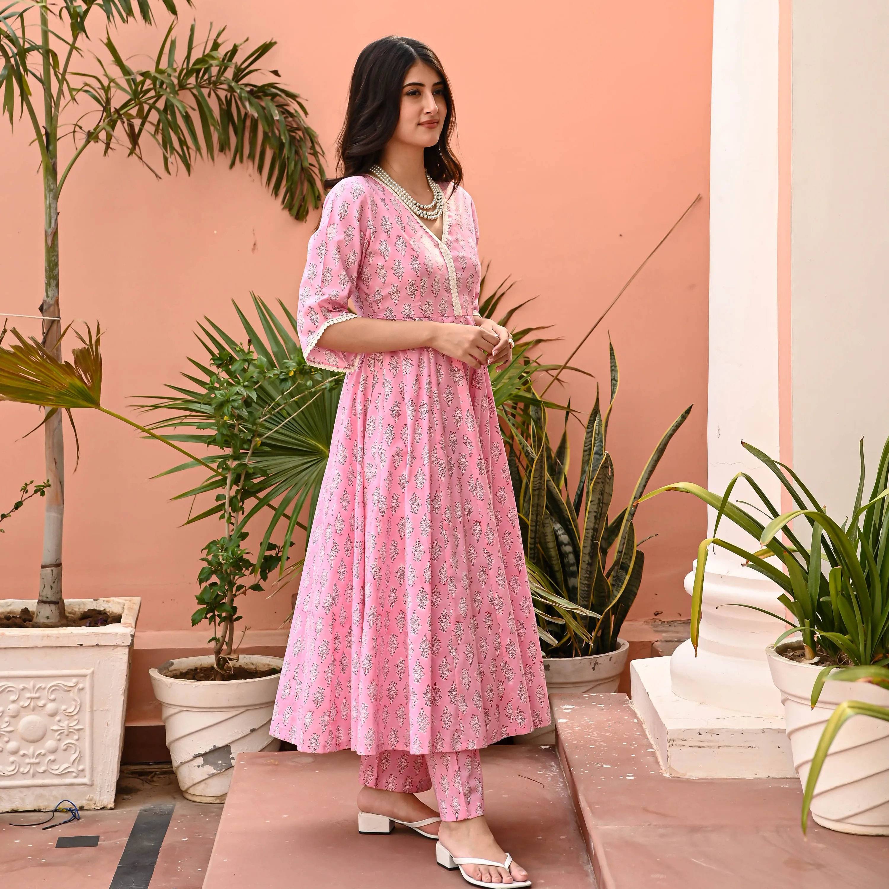 Pink Block Printed Matching Kurta Set