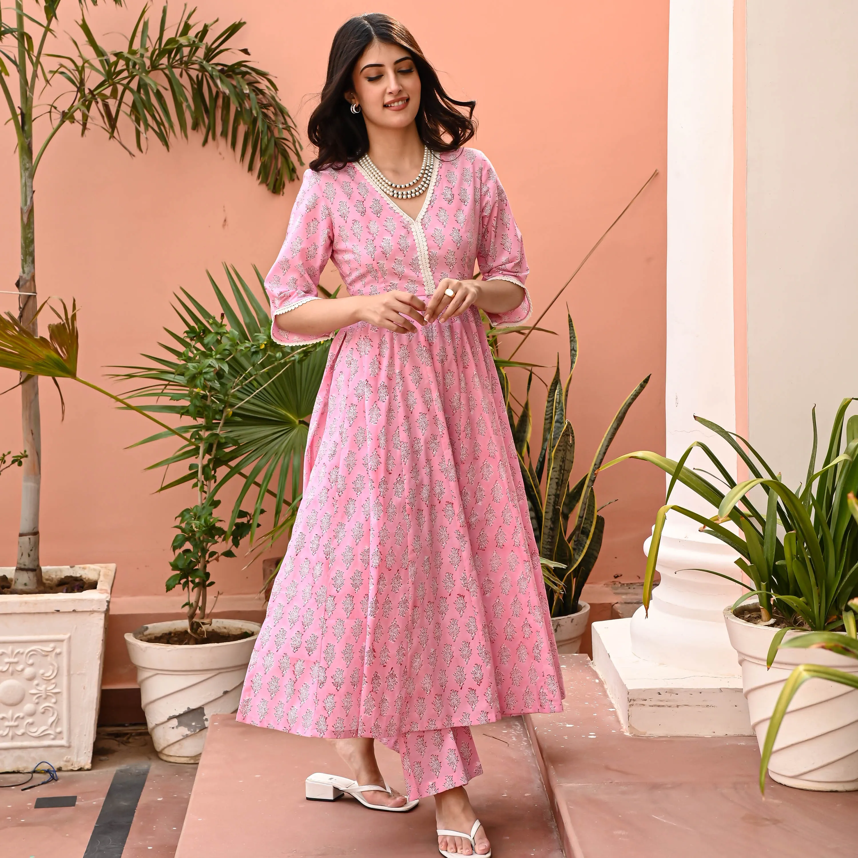 Pink Block Printed Matching Kurta Set