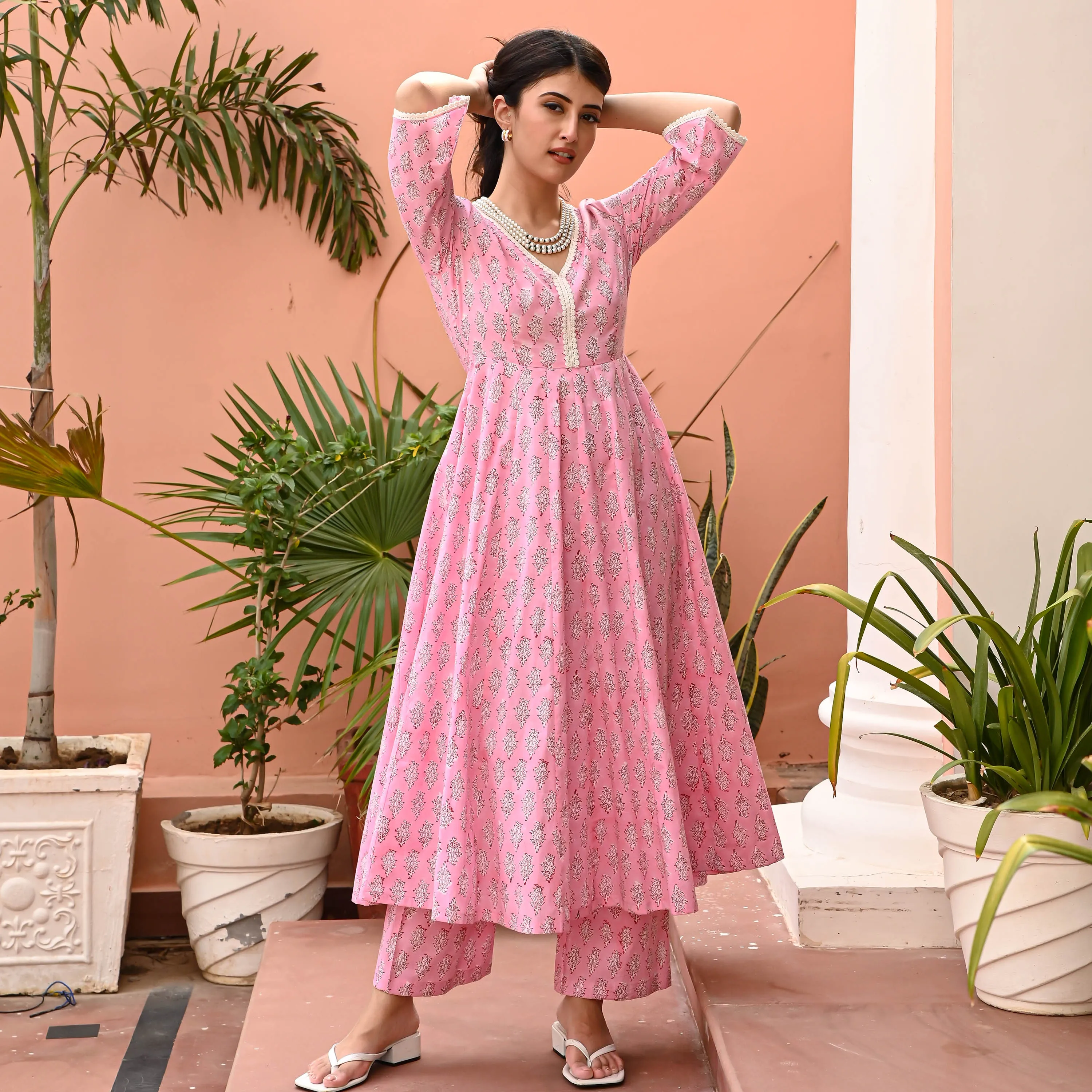 Pink Block Printed Matching Kurta Set