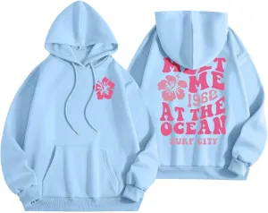 Pink Cute Hoodies For Teen Girls Oversized Cute Preppy Sweatshirt Pink Graphic Long Sleeve Drawstring Pullover Tops