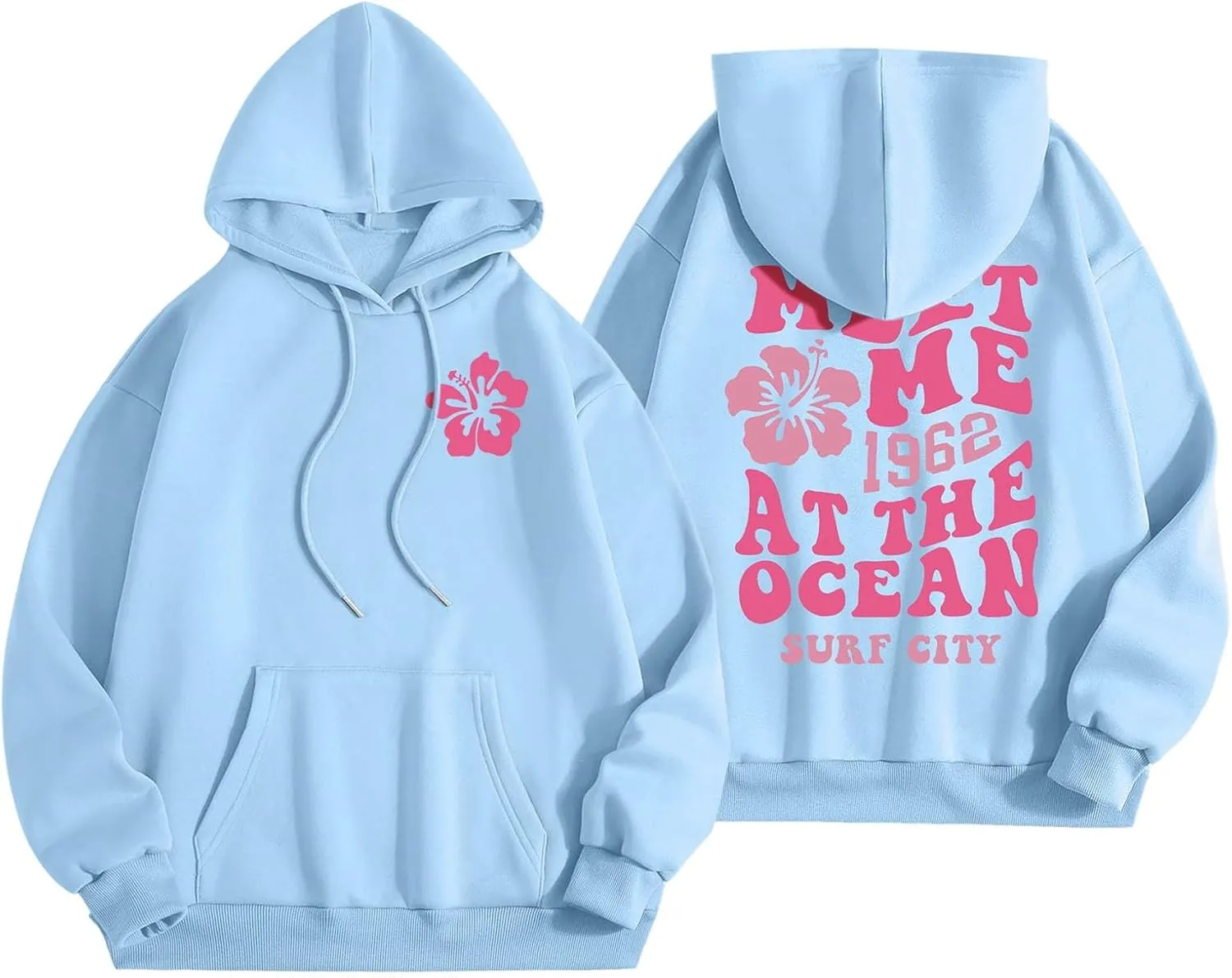 Pink Cute Hoodies For Teen Girls Oversized Cute Preppy Sweatshirt Pink Graphic Long Sleeve Drawstring Pullover Tops