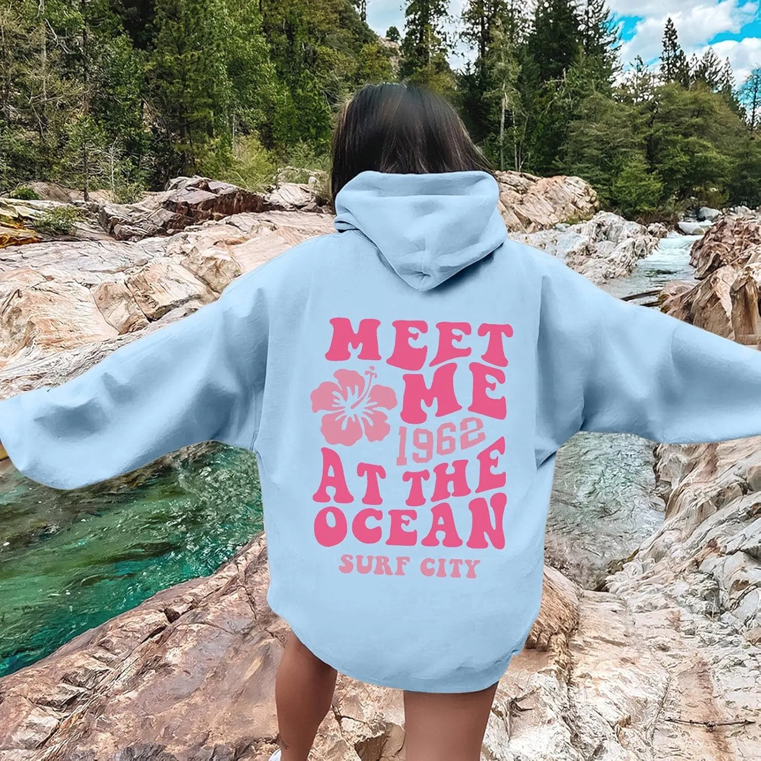 Pink Cute Hoodies For Teen Girls Oversized Cute Preppy Sweatshirt Pink Graphic Long Sleeve Drawstring Pullover Tops