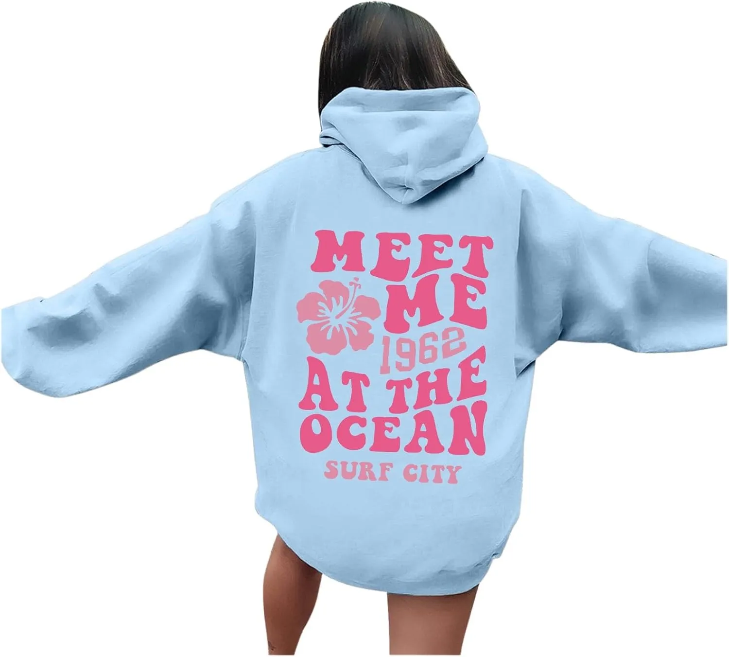Pink Cute Hoodies For Teen Girls Oversized Cute Preppy Sweatshirt Pink Graphic Long Sleeve Drawstring Pullover Tops