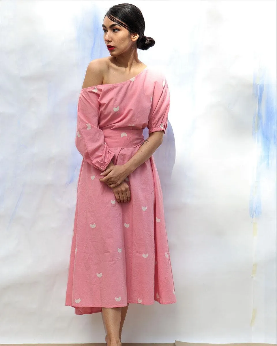 Pink Handprinted Off Shoulder Pure Cotton Dress -Skd