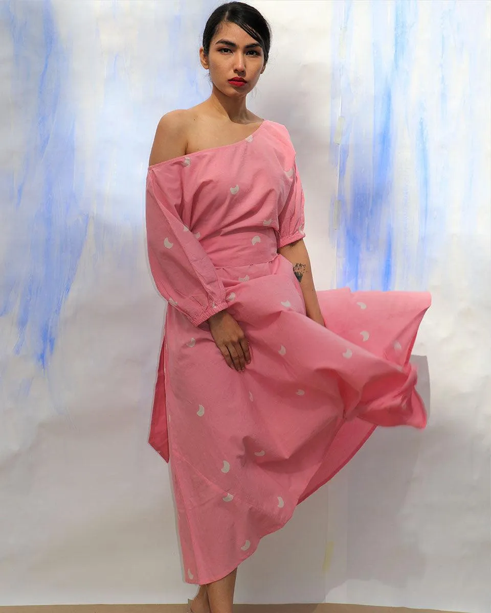 Pink Handprinted Off Shoulder Pure Cotton Dress -Skd