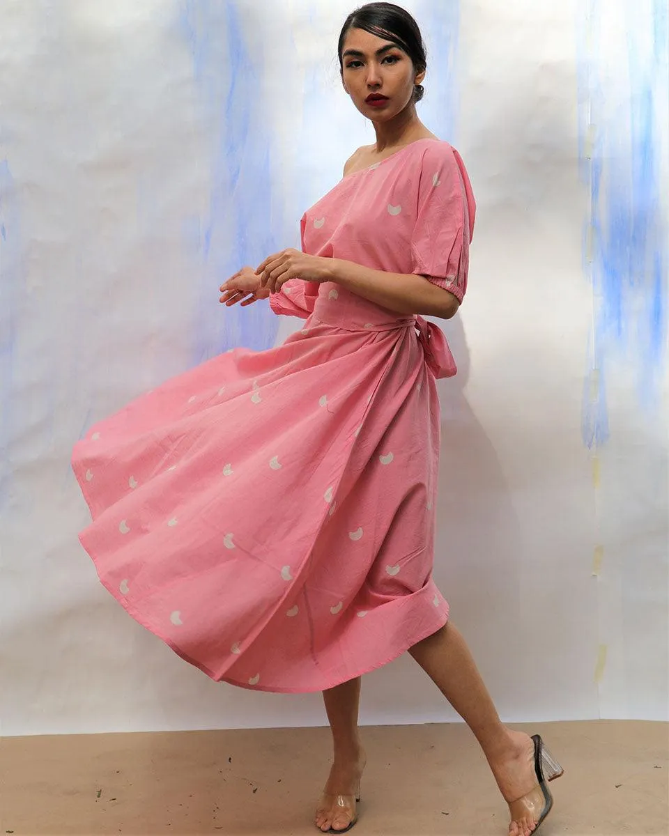 Pink Handprinted Off Shoulder Pure Cotton Dress -Skd
