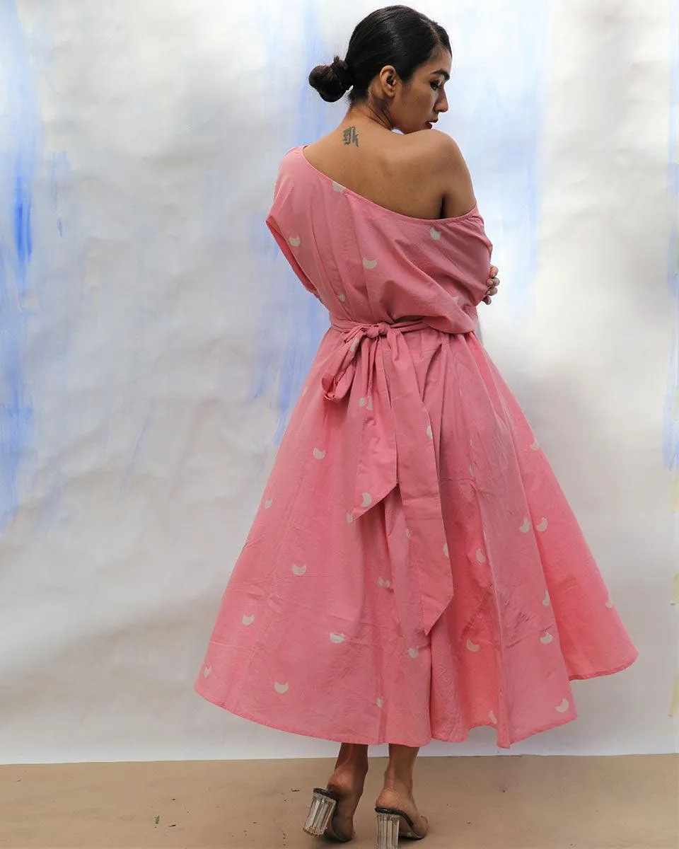 Pink Handprinted Off Shoulder Pure Cotton Dress -Skd