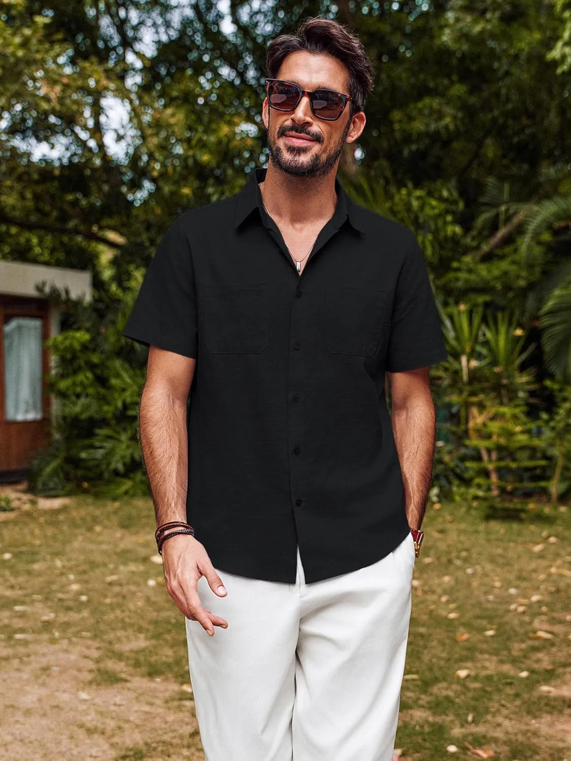 PJ PAUL JONES Mens Short Sleeve Button Down Shirts Summer Beach Shirts Untuckit Cotton Shirt with Pocket