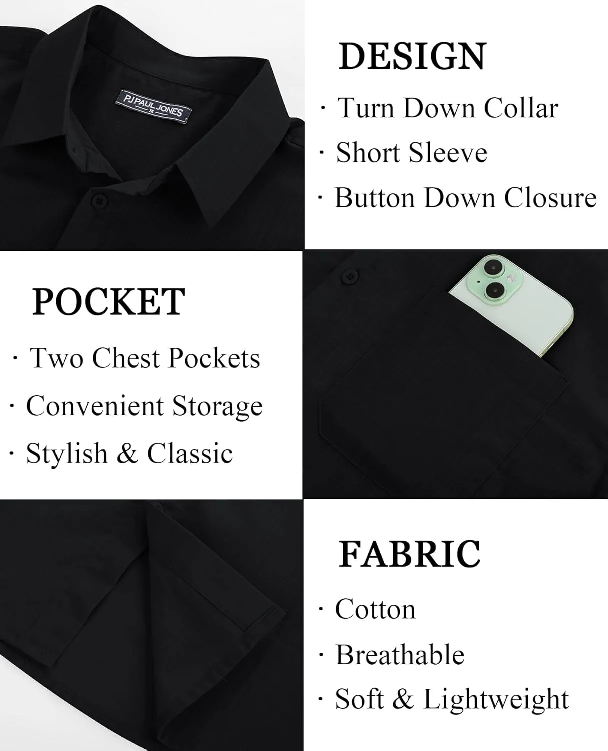 PJ PAUL JONES Mens Short Sleeve Button Down Shirts Summer Beach Shirts Untuckit Cotton Shirt with Pocket