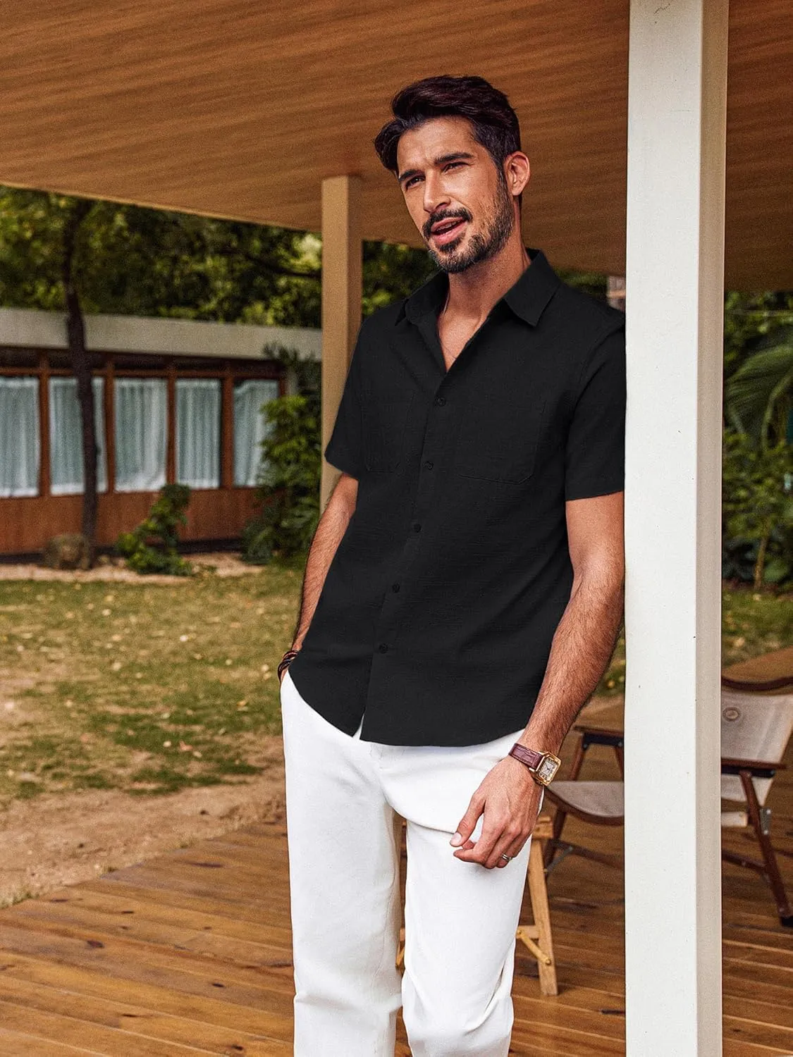 PJ PAUL JONES Mens Short Sleeve Button Down Shirts Summer Beach Shirts Untuckit Cotton Shirt with Pocket