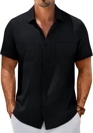 PJ PAUL JONES Mens Short Sleeve Button Down Shirts Summer Beach Shirts Untuckit Cotton Shirt with Pocket