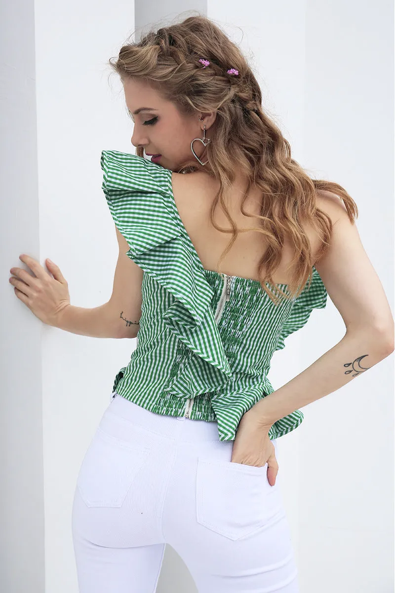 Plaid Ruffles One Shoulder Short Blouse