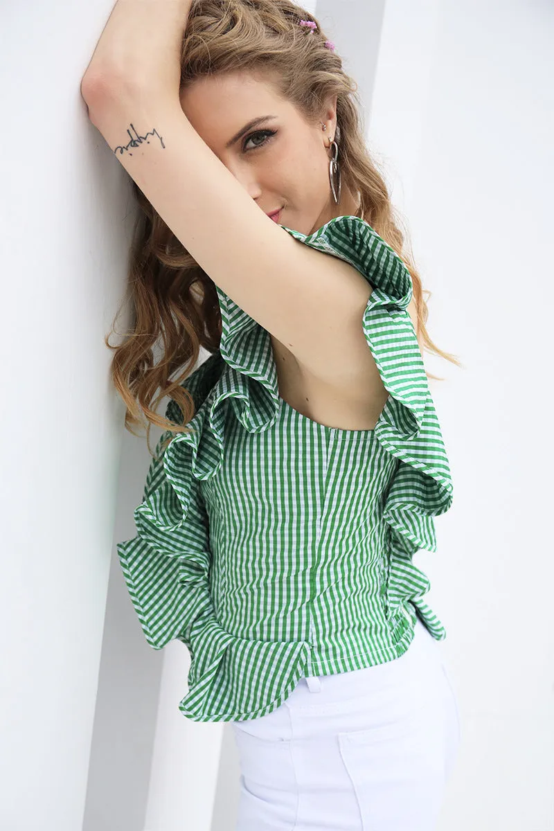 Plaid Ruffles One Shoulder Short Blouse