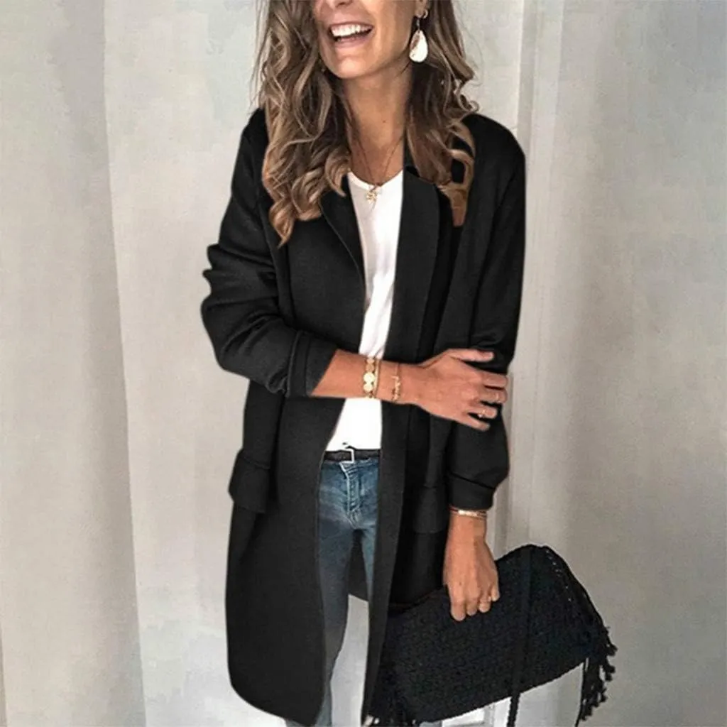 Plus Size Blazers Long Open Front Work Office Stretchy Suit Jackets Cardigans Coats