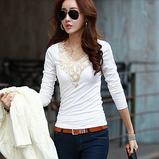 Plus Size Lace Patchwork Slim Long Sleeves V-neck Blouse