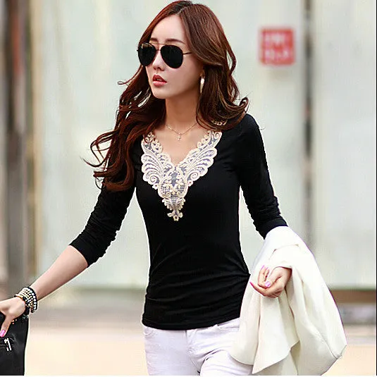 Plus Size Lace Patchwork Slim Long Sleeves V-neck Blouse