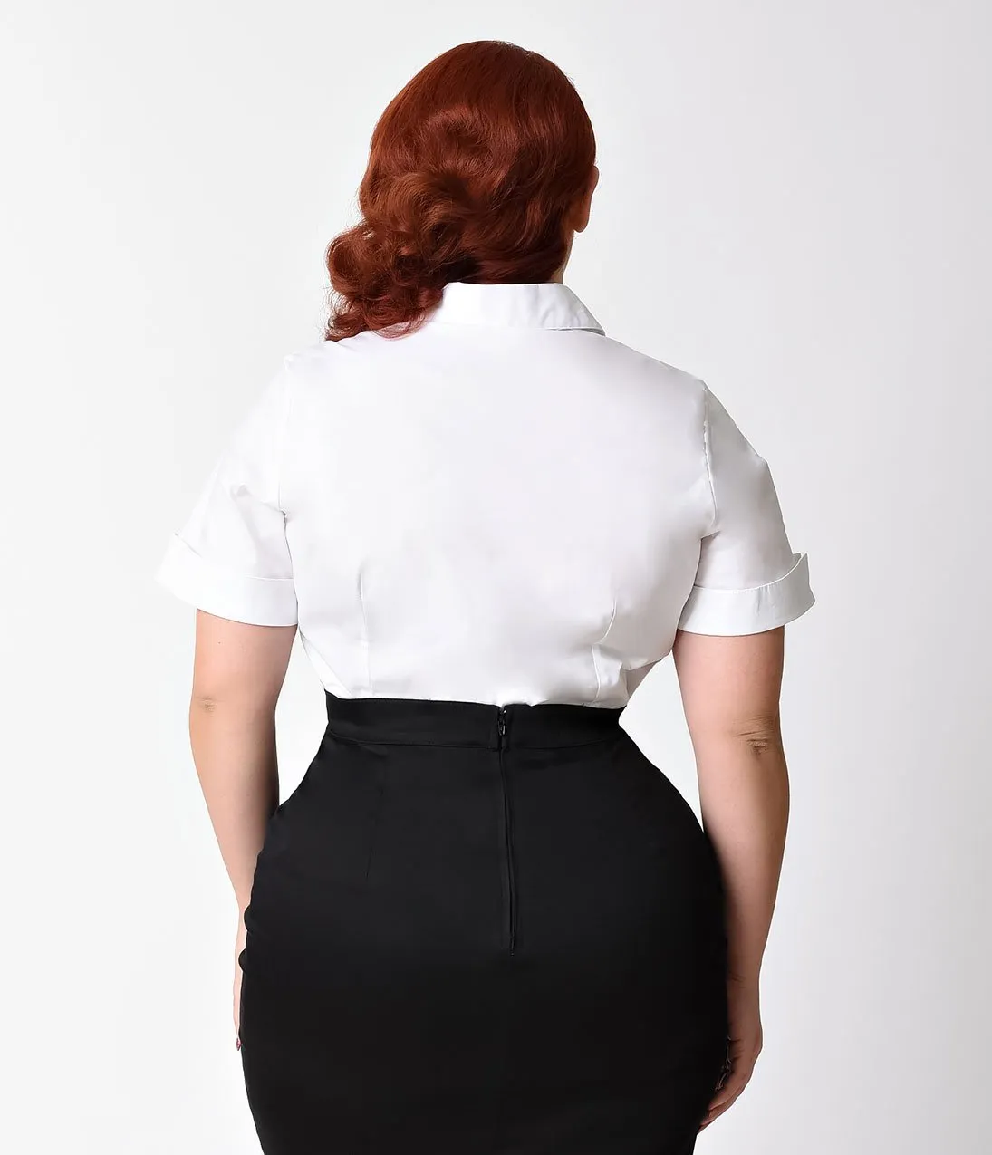 Plus Size White Collared Short Sleeve Cotton Button Up Blouse