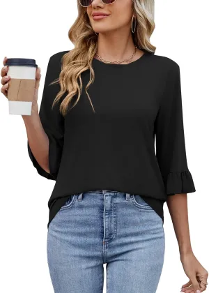 Poetsky Women's 3/4 Sleeve Tops Casual Crew Neck T Shirts Spring Summer Loose Ruffle Tunic Blouses