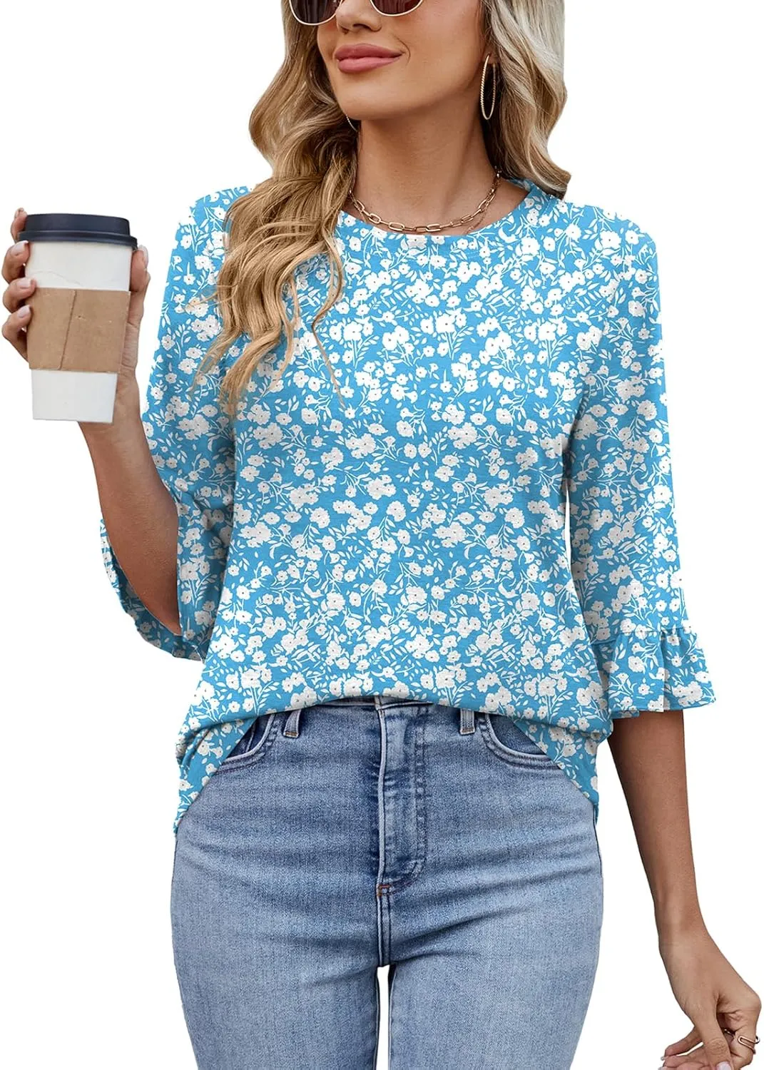 Poetsky Women's 3/4 Sleeve Tops Casual Crew Neck T Shirts Spring Summer Loose Ruffle Tunic Blouses