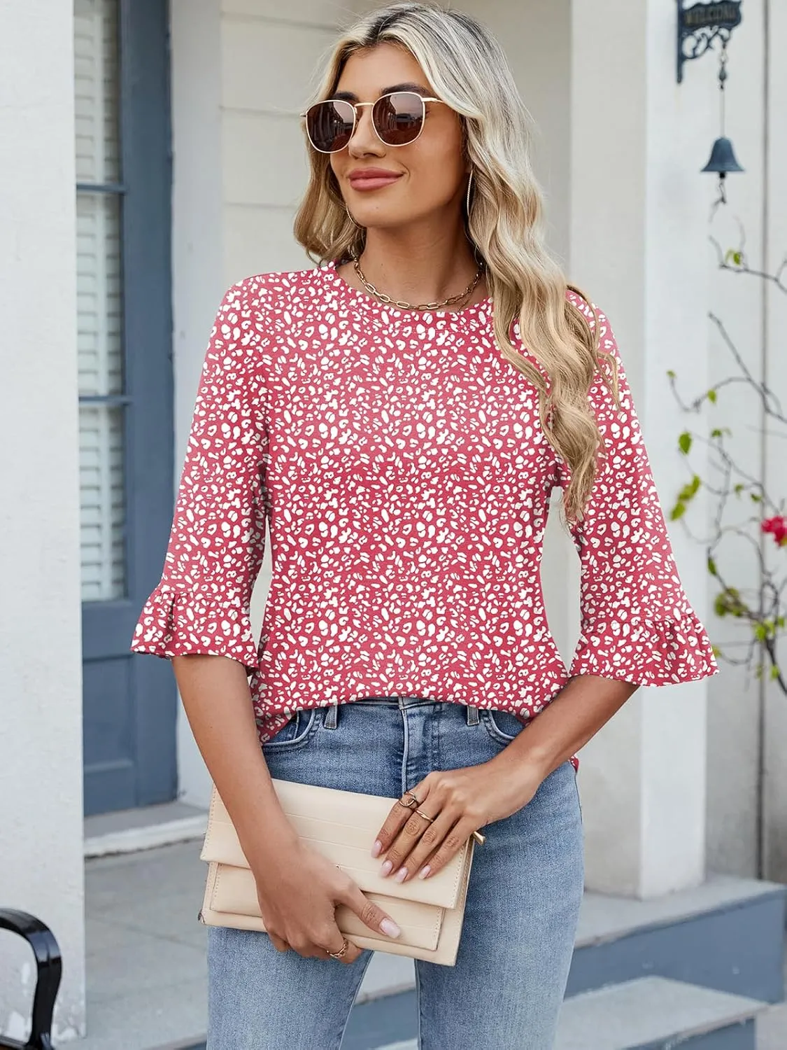 Poetsky Women's 3/4 Sleeve Tops Casual Crew Neck T Shirts Spring Summer Loose Ruffle Tunic Blouses