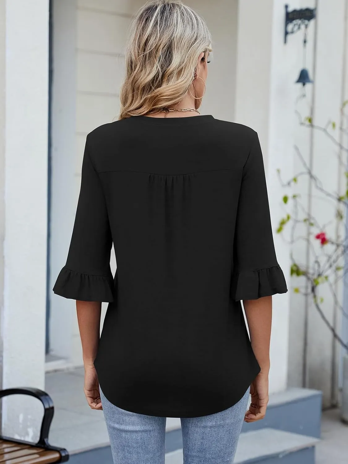 Poetsky Women's 3/4 Sleeve Tops Casual Crew Neck T Shirts Spring Summer Loose Ruffle Tunic Blouses