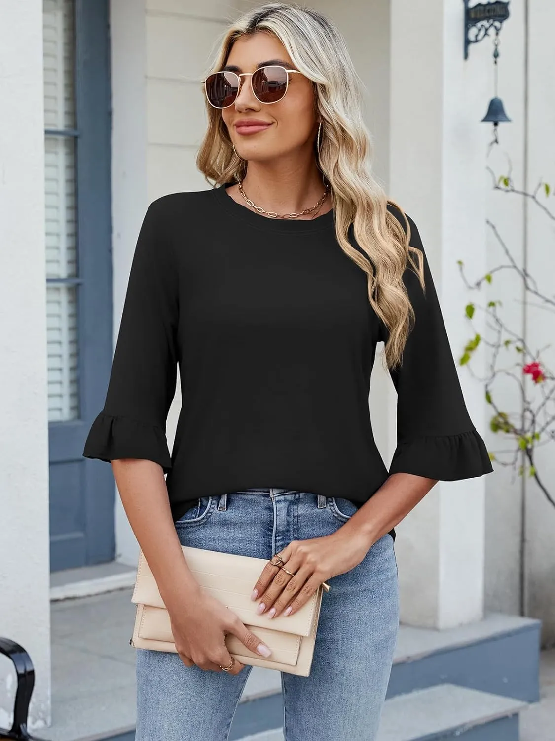 Poetsky Women's 3/4 Sleeve Tops Casual Crew Neck T Shirts Spring Summer Loose Ruffle Tunic Blouses