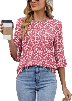 Poetsky Women's 3/4 Sleeve Tops Casual Crew Neck T Shirts Spring Summer Loose Ruffle Tunic Blouses