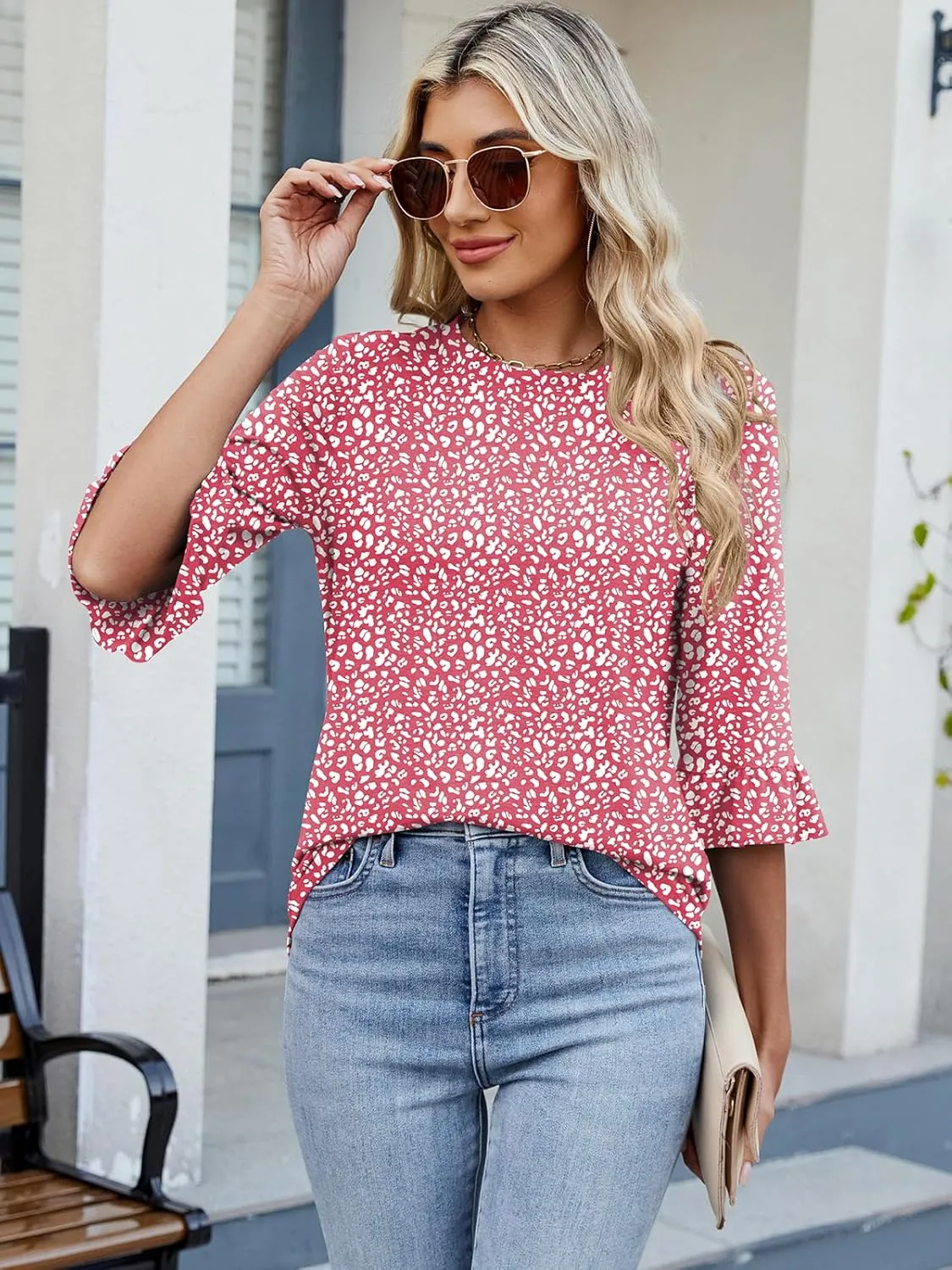 Poetsky Women's 3/4 Sleeve Tops Casual Crew Neck T Shirts Spring Summer Loose Ruffle Tunic Blouses