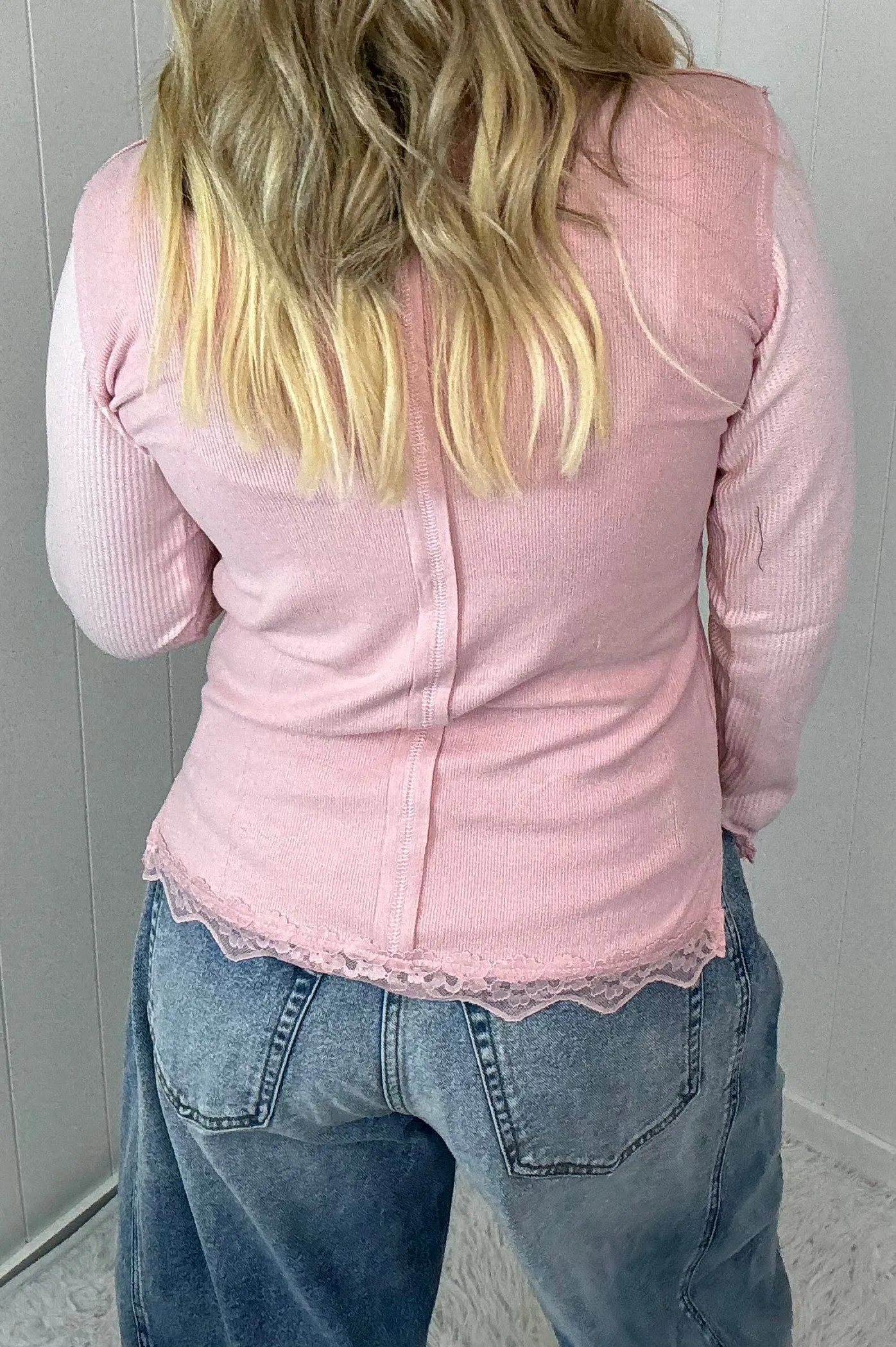 Pol Fall in Love Lace Trim Soft Hacci Ribbed Long Sleeve Top